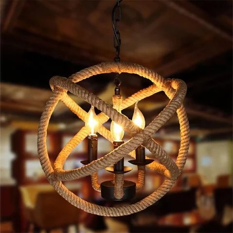Vintage Globe Pendant Rope Chandelier For Coffee Hall